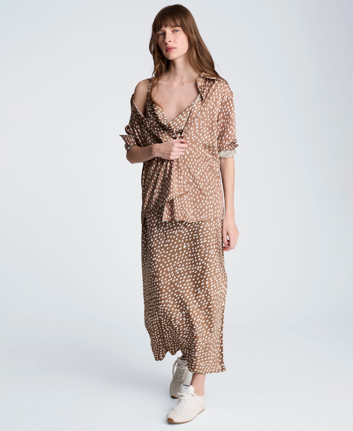 Women's Satin Dot Print Cowl Neck Slip Midi Dress