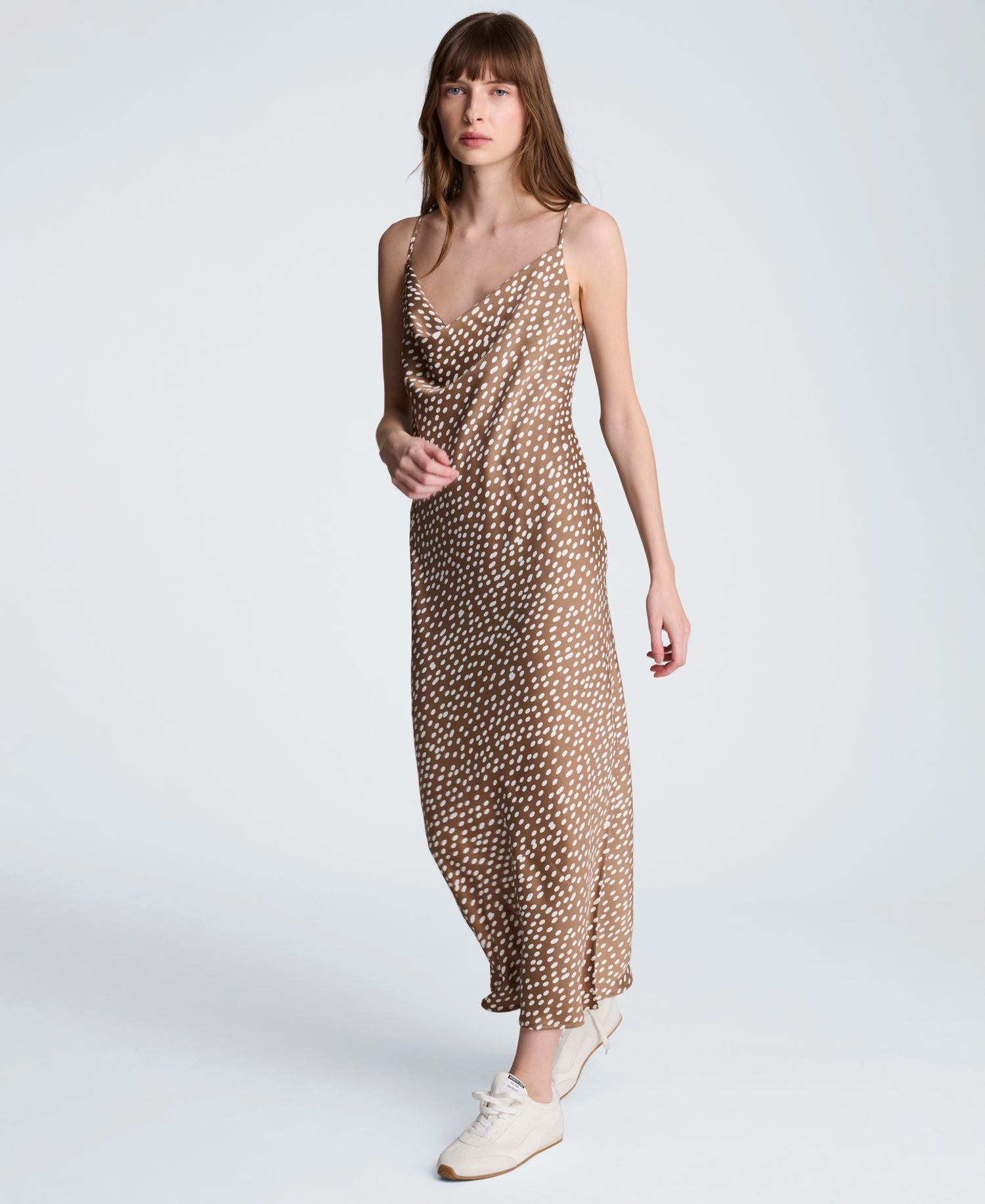 Women's Satin Dot Print Cowl Neck Slip Midi Dress