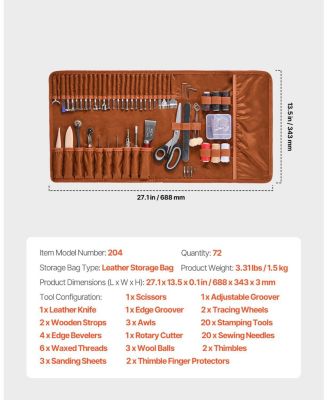 Leather Working Tools Kit, 72-Piece Leather Craft Set w/ Leather Storage Bag, Punching, Sewing, Stamping & Sanding