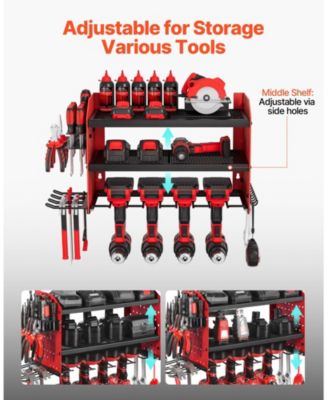 Wall-Mount Power Tool Organizer, 3-Tier Rack w/ 4 Drill Holders & Side Pegboards, Garage/Workshop Storage