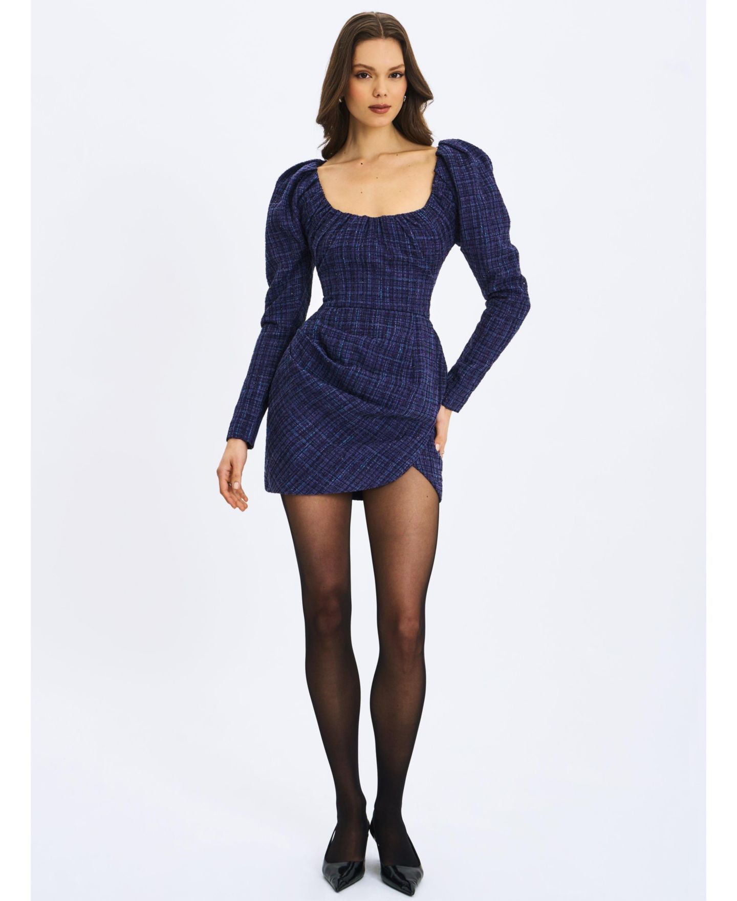 Женское платье Miss Circle Denise Navy Tweed Ruched Puff Sleeve Mini, цвет: Тёмно-синий — фото 4
