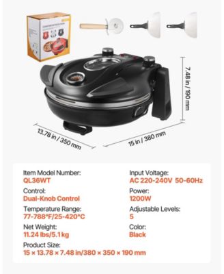 Electric Pizza Oven, 12", 1200W, Cordierite Stone, 5 Heat Modes, Viewing Window, Up to 788°F, Black