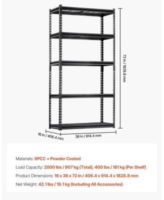 5-Tier Storage Shelves, 2000-Lb Capacity, 16"D x 36"W x 72"H, Adjustable Heavy-Duty Utility Rack, Black