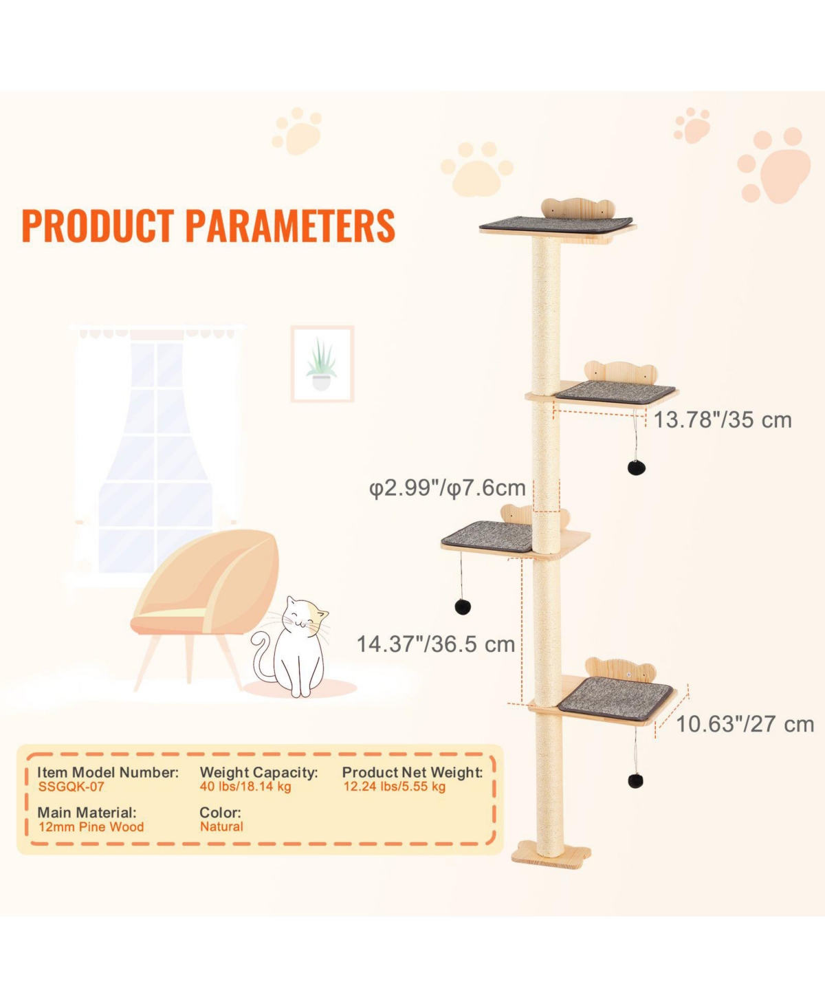 Cozito 4-Piece Wall-Mounted Pine Wood Cat Shelf Set, Holds up to 40 lbs