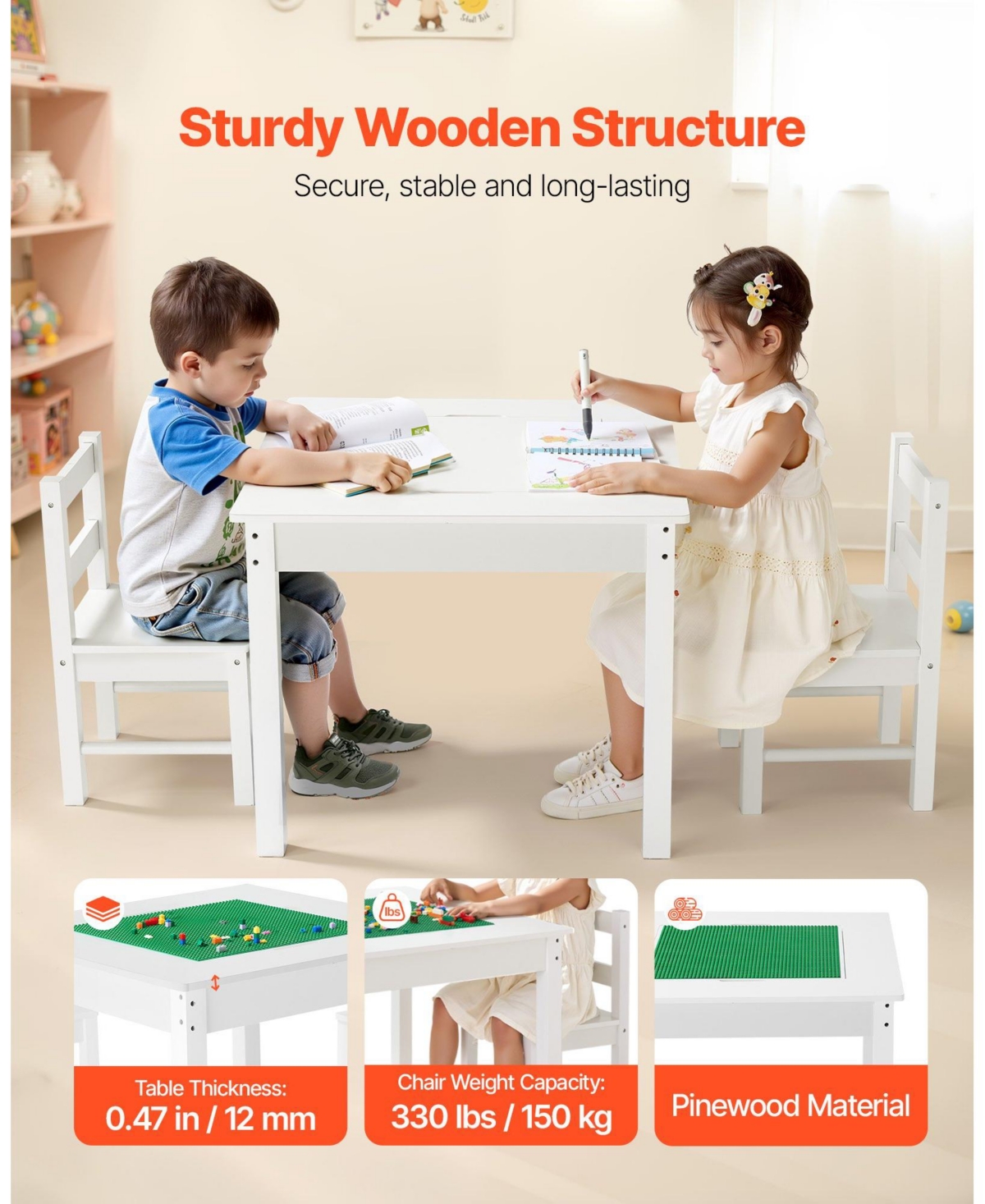 Mecale Kids Activity Table & 2 Chairs Set, Double-Sided Blocks Tabletop w/ Storage, Ages 3+, White