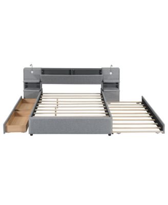 Queen Size Upholstered Platform Bed with Reading Lights and Storage Solutions