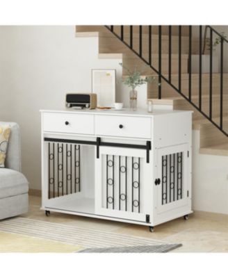  Dog Crate Furniture with Double Drawers and Sliding Barn Door in White