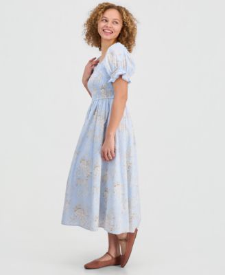 Juniors' Textured Floral Printed Puff-Sleeve Midi Dress