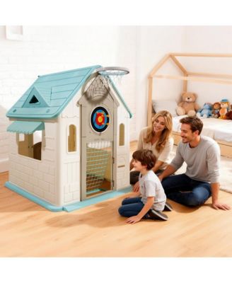 Outdoor Playhouse, 5-In-1 Cottage Play House with Pretend Play, Basketball, Darts, Soccer, Ring Toss