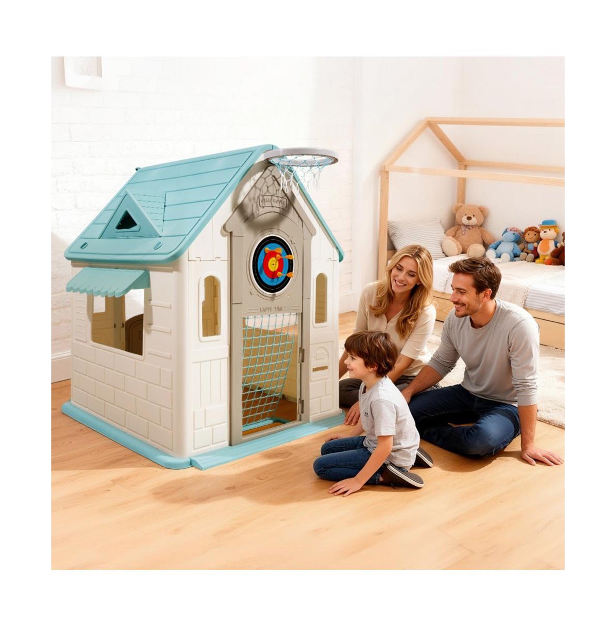 Slickblue Outdoor Playhouse, 5-In-1 Cottage Play House with Pretend Play, Basketball, Darts, Soccer, Ring Toss