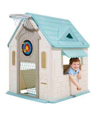 Outdoor Playhouse, 5-In-1 Cottage Play House with Pretend Play, Basketball, Darts, Soccer, Ring Toss
