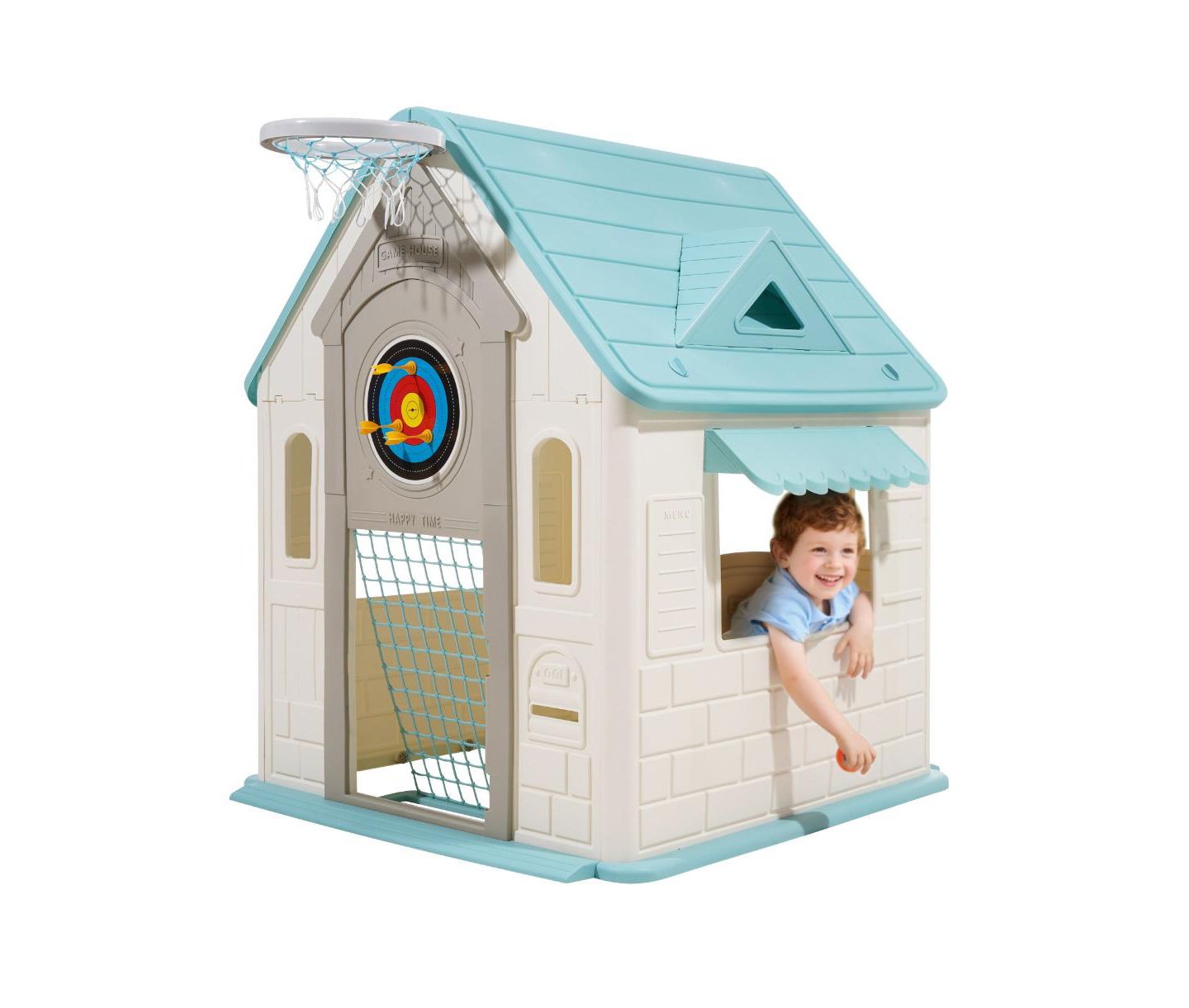 Детские игрушки Slickblue 5-In-1 Cottage Play House with Basketball, Darts, Soccer & Ring Toss, 2–5 лет, цвет: Белый / Синий — фото 1
