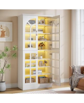 8-Tier Bookshelf with Doors and LED Lights Set of 2, 68.9" Tall Bookcase with Adjustable Shelves, Modern Wooden Display Cabinet, White