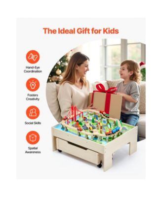 Kids Train Table with 100-Piece Wooden Set and Storage Drawer