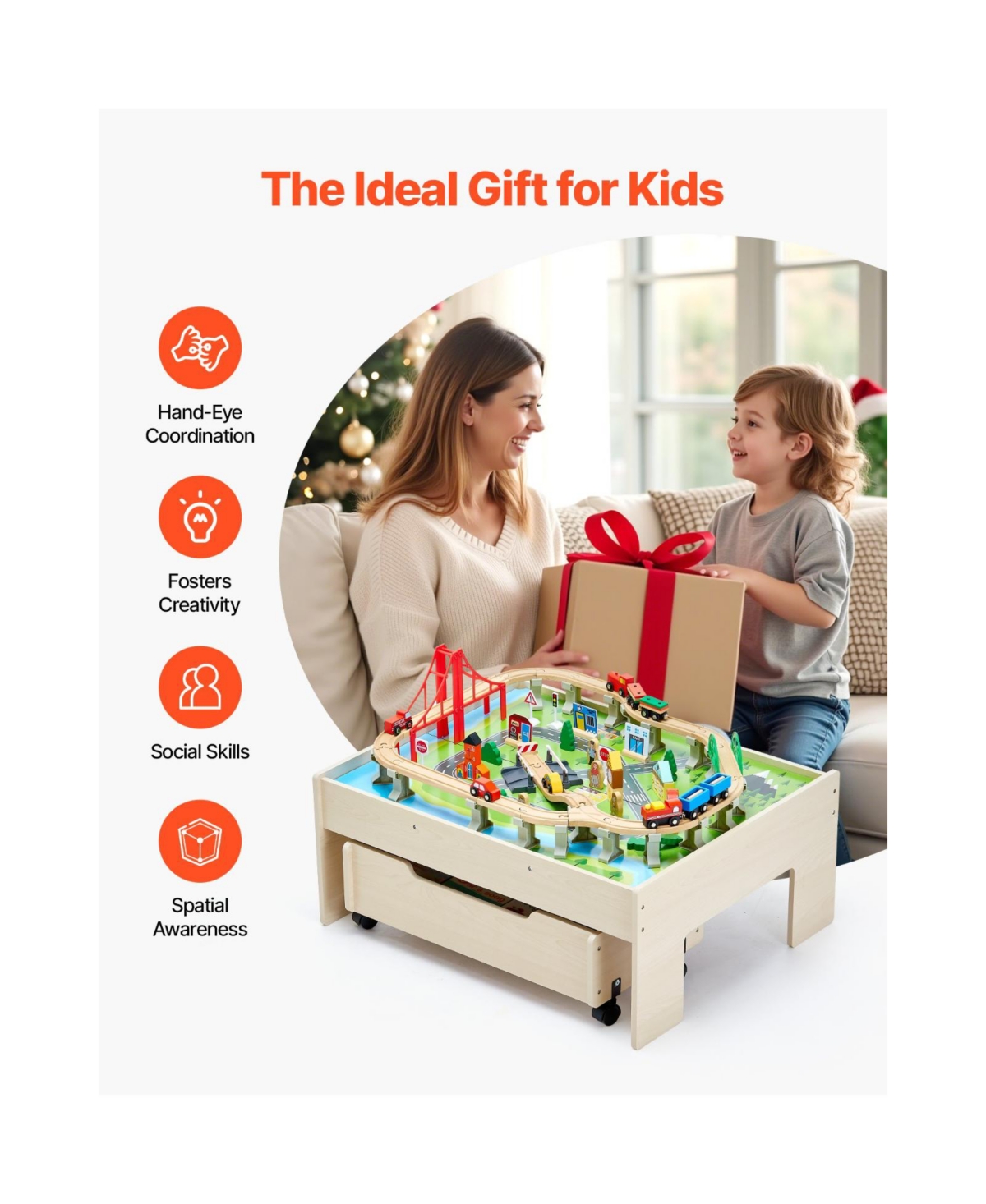 Slickblue Kids Train Table with 100-Piece Wooden Set and Storage Drawer