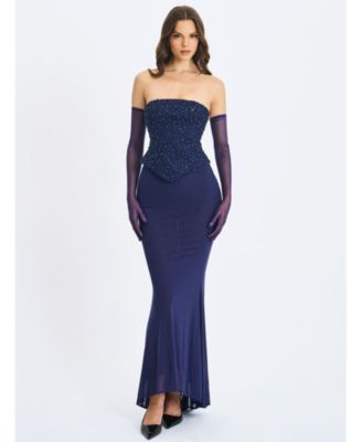Women's Orabelle Navy Beaded Peplum Mermaid Gown with Lace-up Back