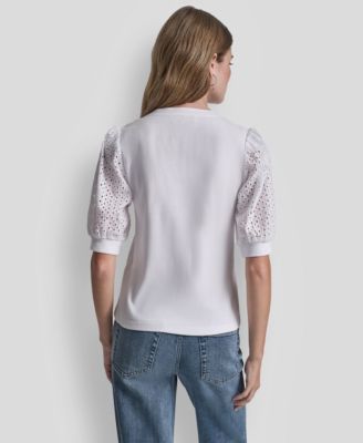 Petite Rib Body Eyelet V-Neck Top