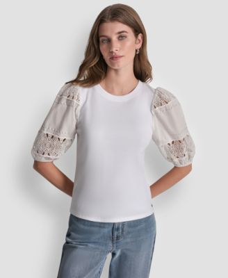 Petite Crew Neck Lace Eyelet Top