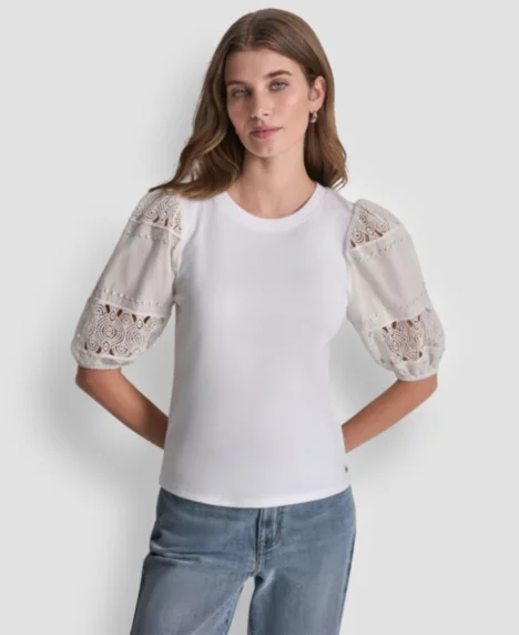 Petite Crew Neck Lace Eyelet Pull-On Top - White