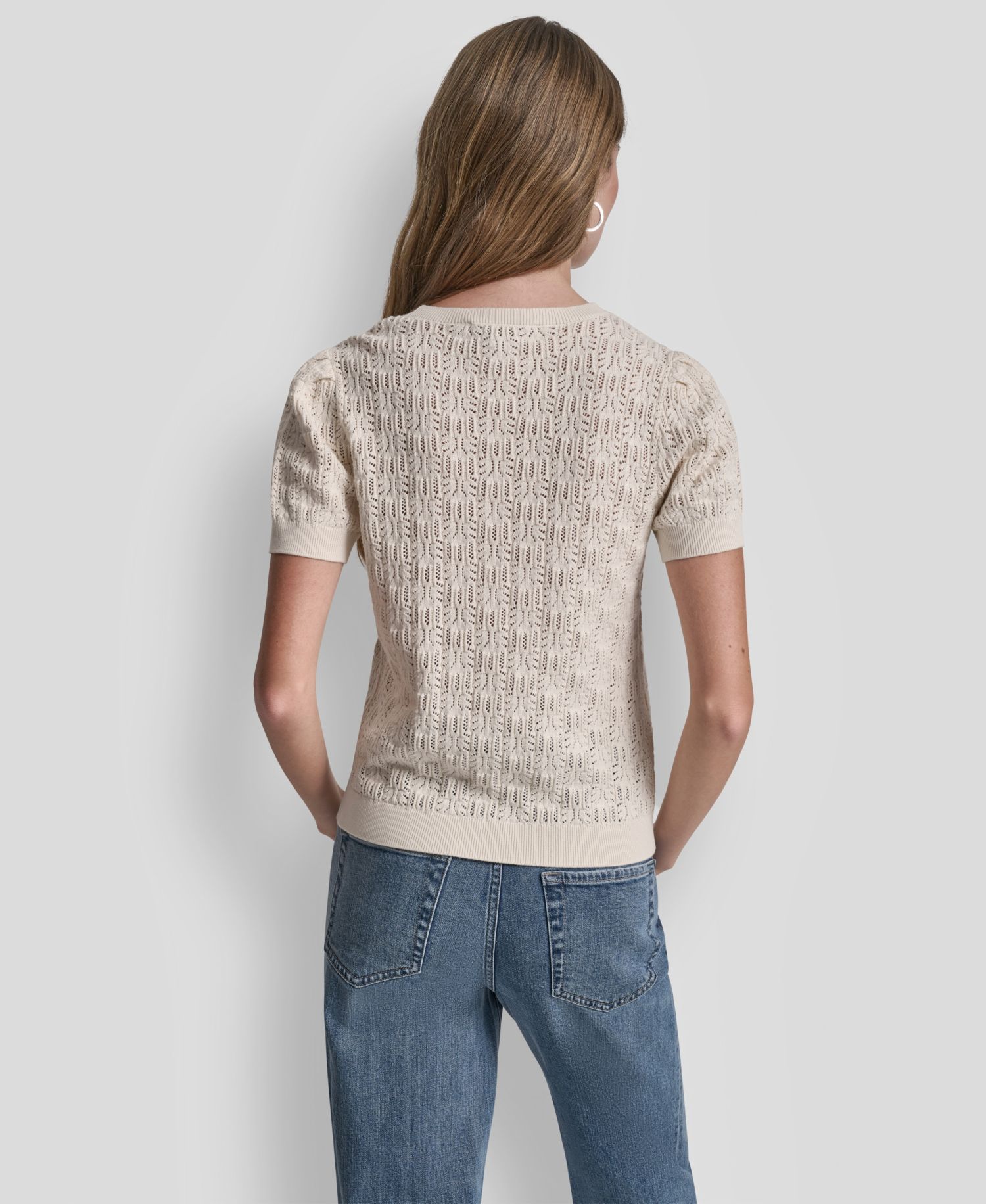Women's Short Sleeve Crew Neck Lace Pointelle Sweater