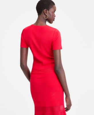 Women's Short Sleeve Pointelle Stripe Sweater