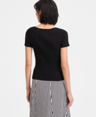 Women's Tipped Rib-Knit Short-Sleeve Top