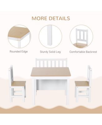 4-Piece Kids Table Set with 2 Wooden Chairs, 1 Storage Bench