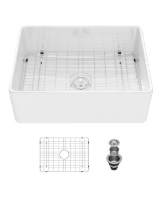28x20x10inch White Ceramic Porcelain Single Bowl Rectangular Farmhouse Kitchen Sink with Stainless Steel Accessories