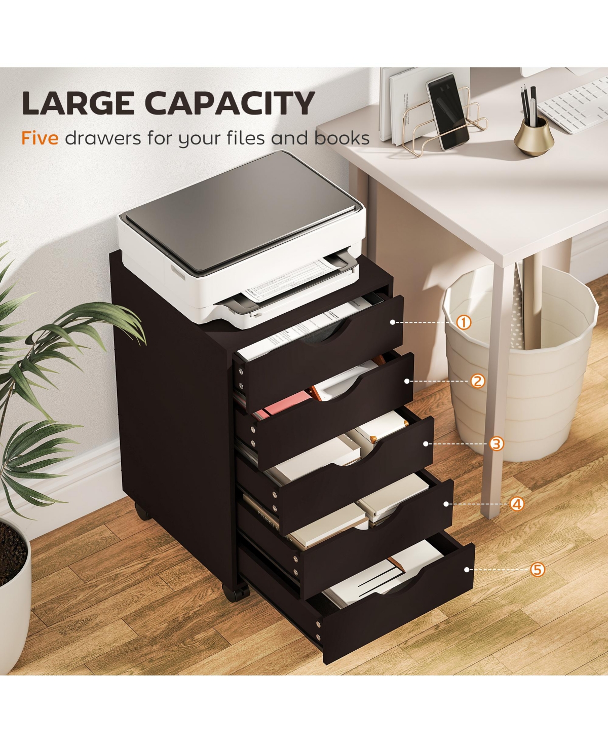 Homcom 5 Drawer Filing Cabinet Home Office Mobile Storage Organizer Brown