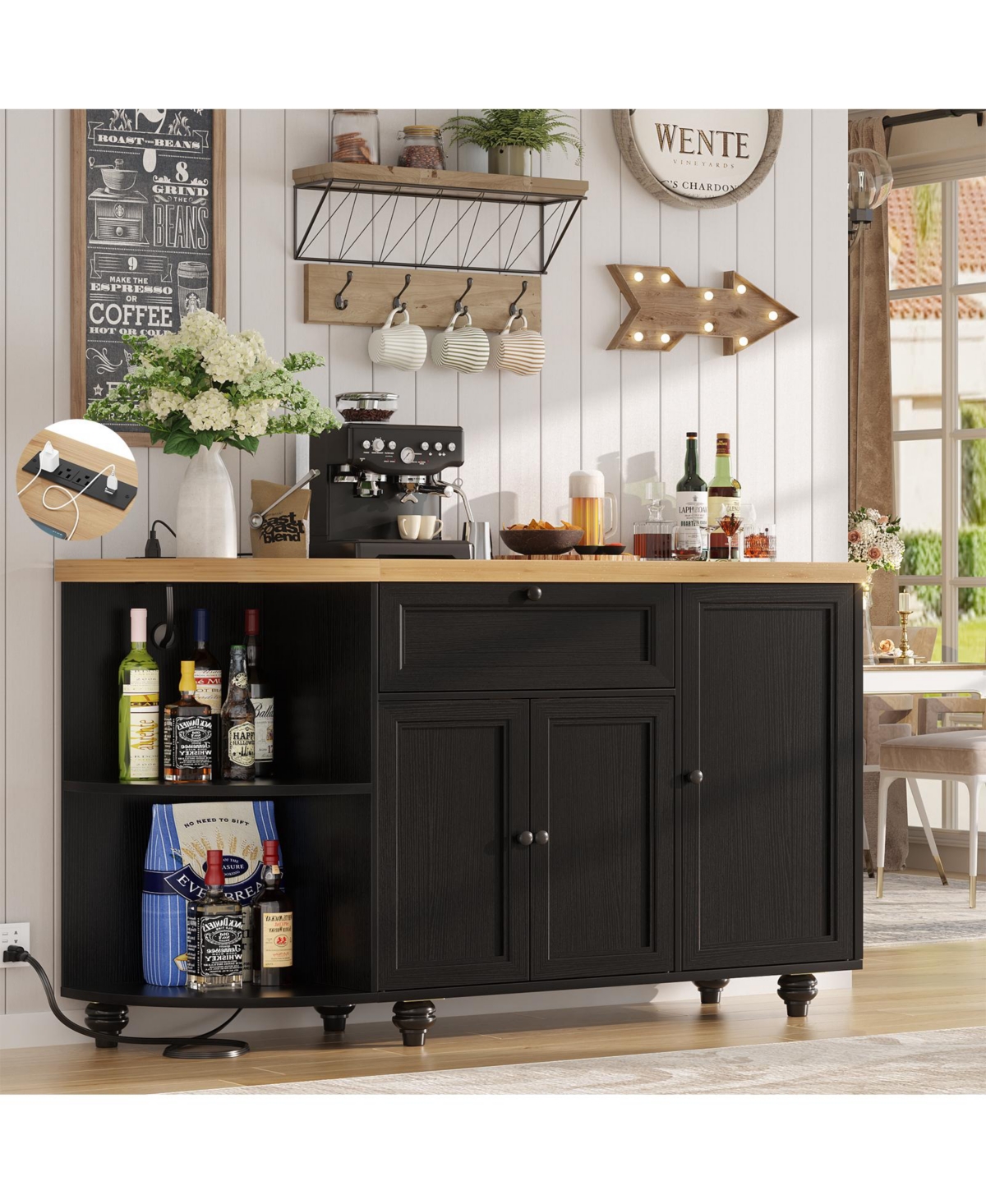 Aheaplus Kitchen Sideboard Buffet Cabinet with Drawer & Cabinets, 55'' Coffee Bar Power Outlets Wine Rack