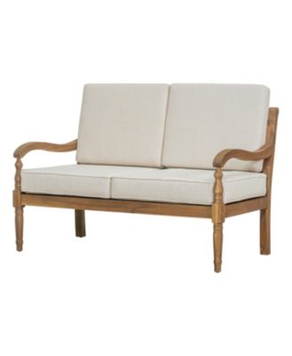 Mondawe Outdoor Acacia Wood Loveseat With Cushions, Natural Finish With Beige Fabric