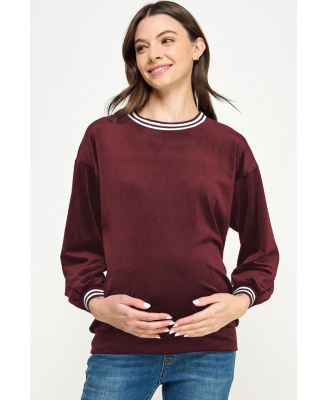 Women's Velvet Striped Neckline Long Sleeve Maternity Sweatshirt Top