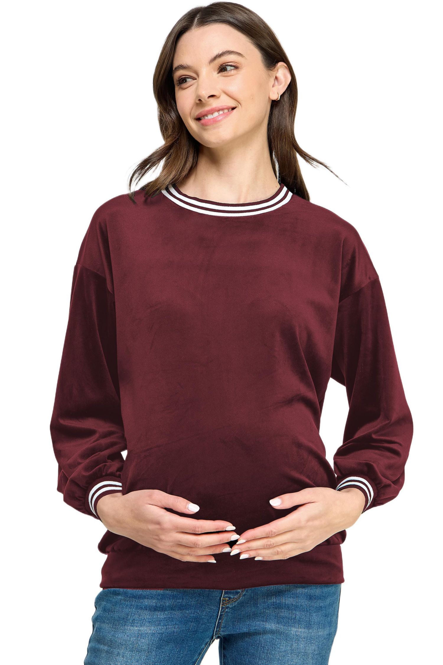Women's Velvet Striped Neckline Long Sleeve Maternity Sweatshirt Top