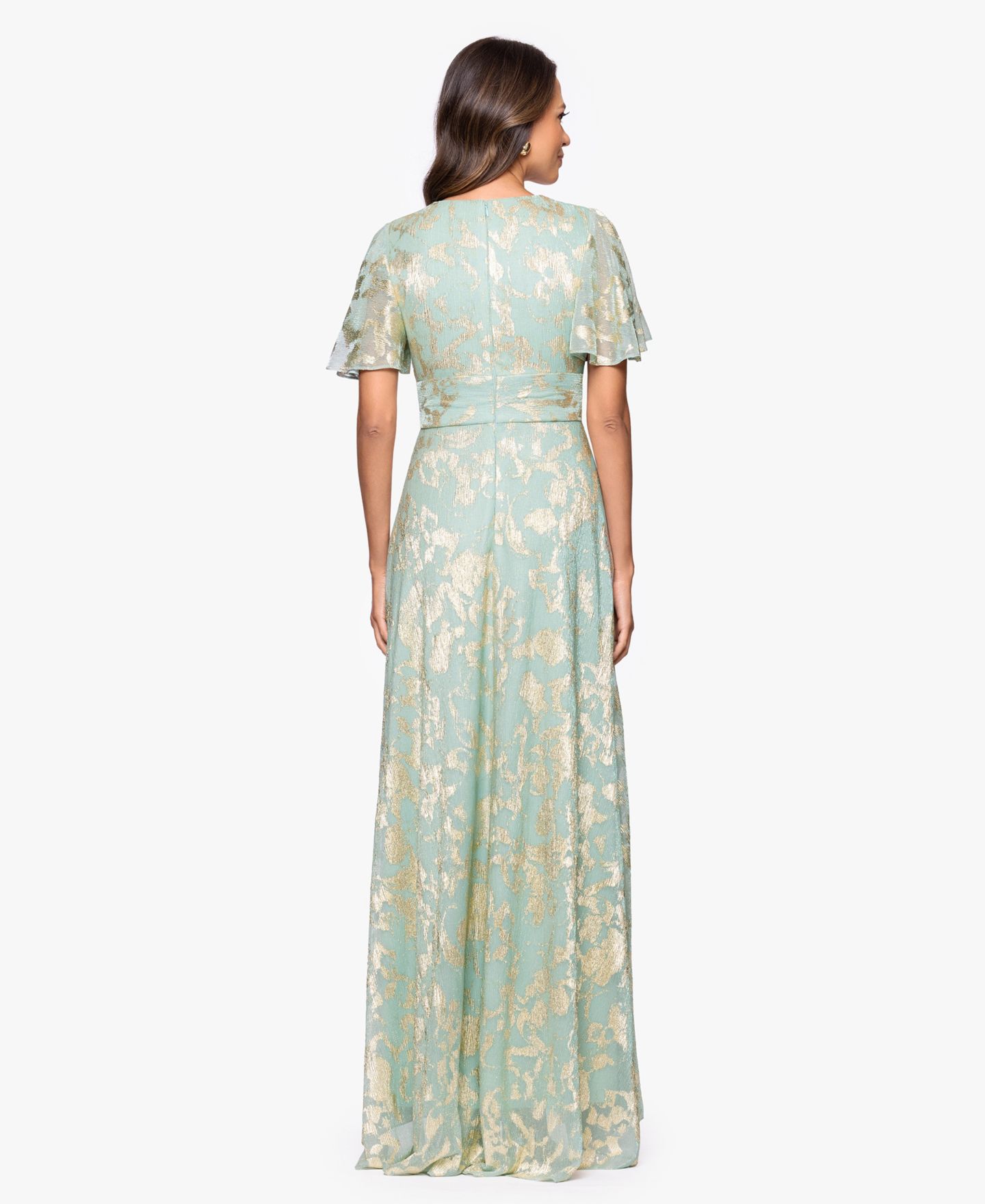 Женское платье Betsy & Adam Foil Print V-Neck Gown, цвет: Шалфейный / Золотой — фото 5