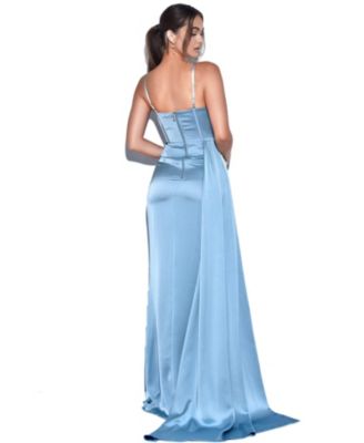 Women's Elayna Pale Blue Strappy Satin Corset High Slit Gown