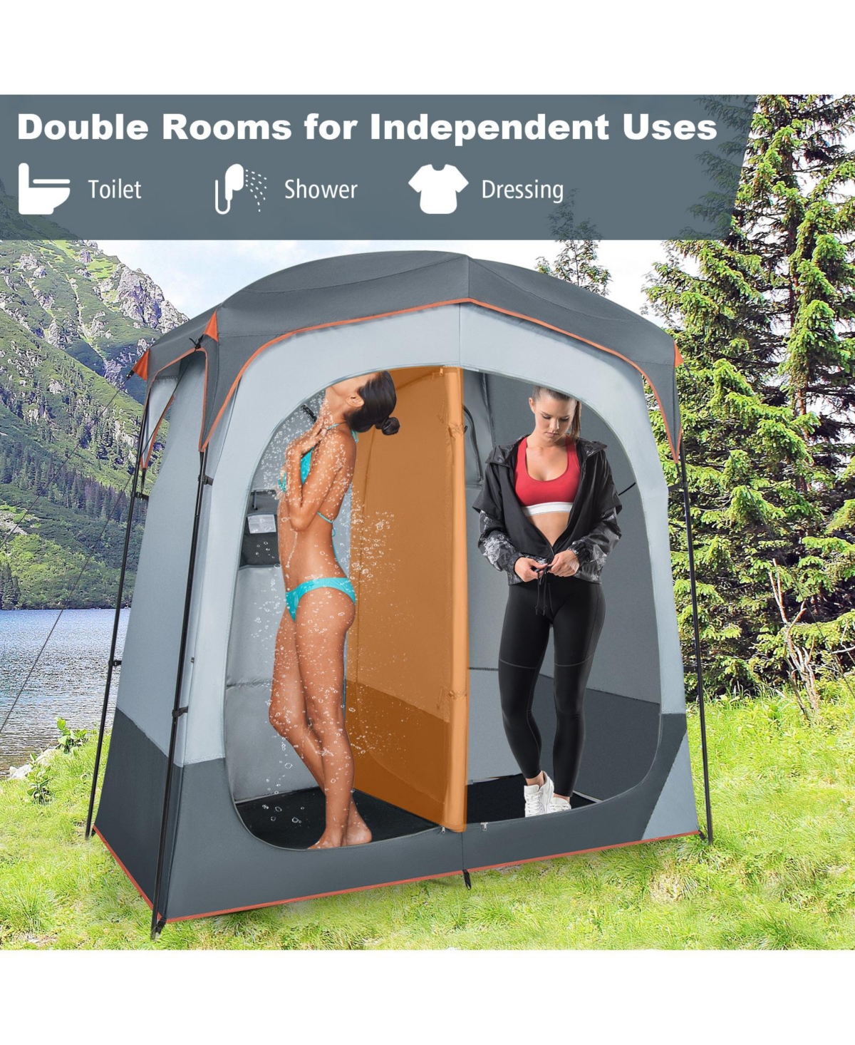 Skonyon 2 Rooms Oversize Privacy Shower Tent with Removable Rain Fly and Inside Pocket