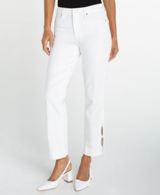 Women's Kennedy Mid Rise Crop Straight Imitation Pearl Trim Jeans