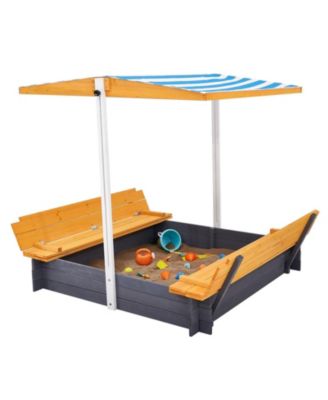 Wooden Sandbox with Canopy, Foldable Bench Seats, and Liner