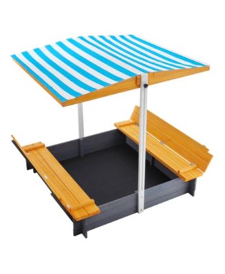 Wooden Sandbox with Canopy, Foldable Bench Seats, and Liner