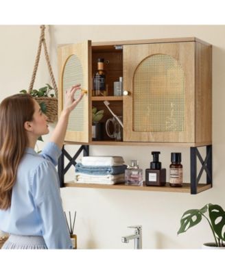 Wall Cabinet, 2 Doors, Adjustable Shelf, Over-Toilet Storage w/ Open Shelves