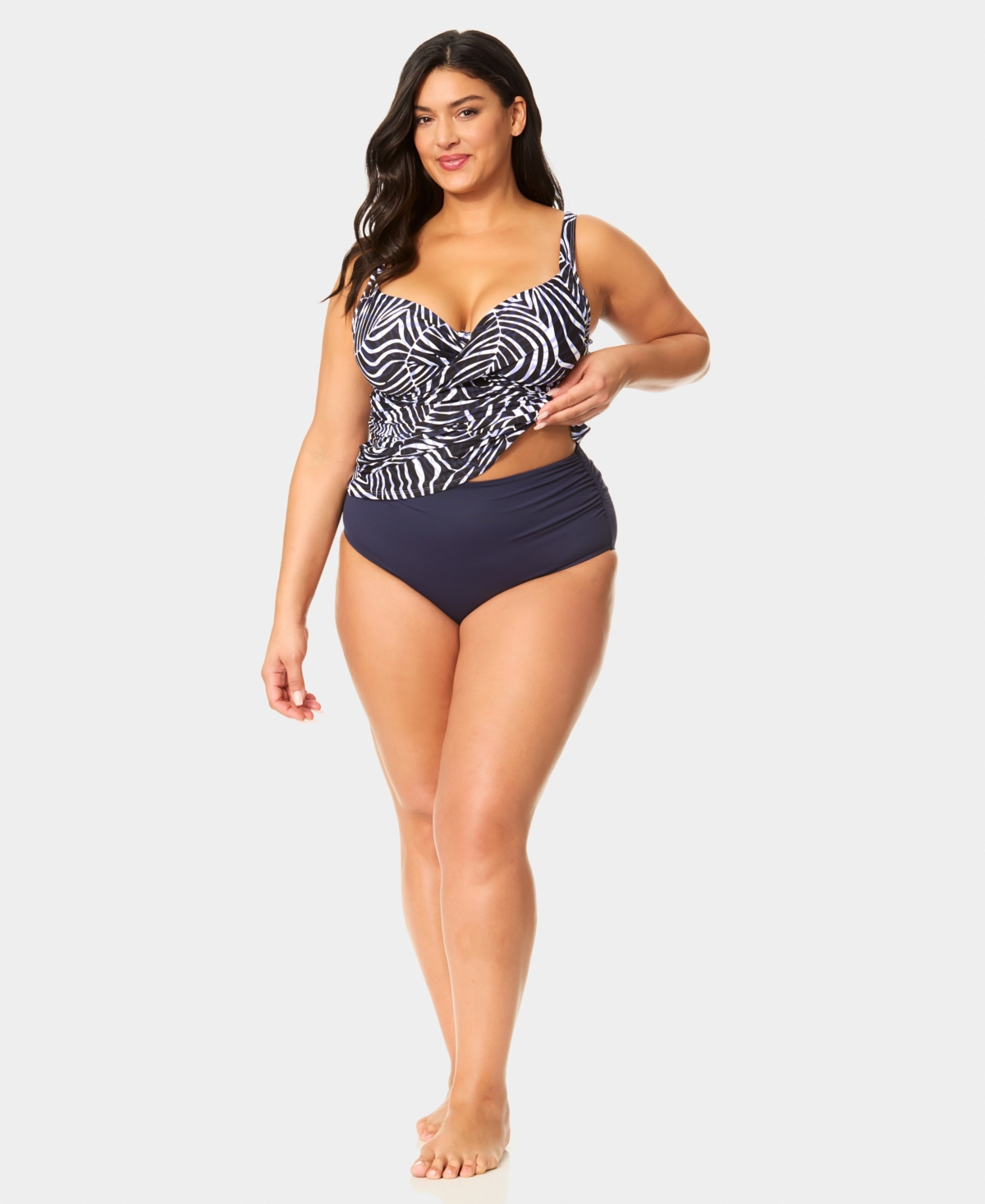 Anne Cole Plus Size V-neck Underwire Printed Drape Front Tankini Top In Blue