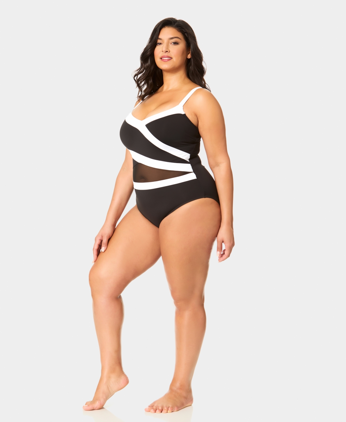 Anne Cole Plus V-Neck Color Block Mesh Insert Swimsuit