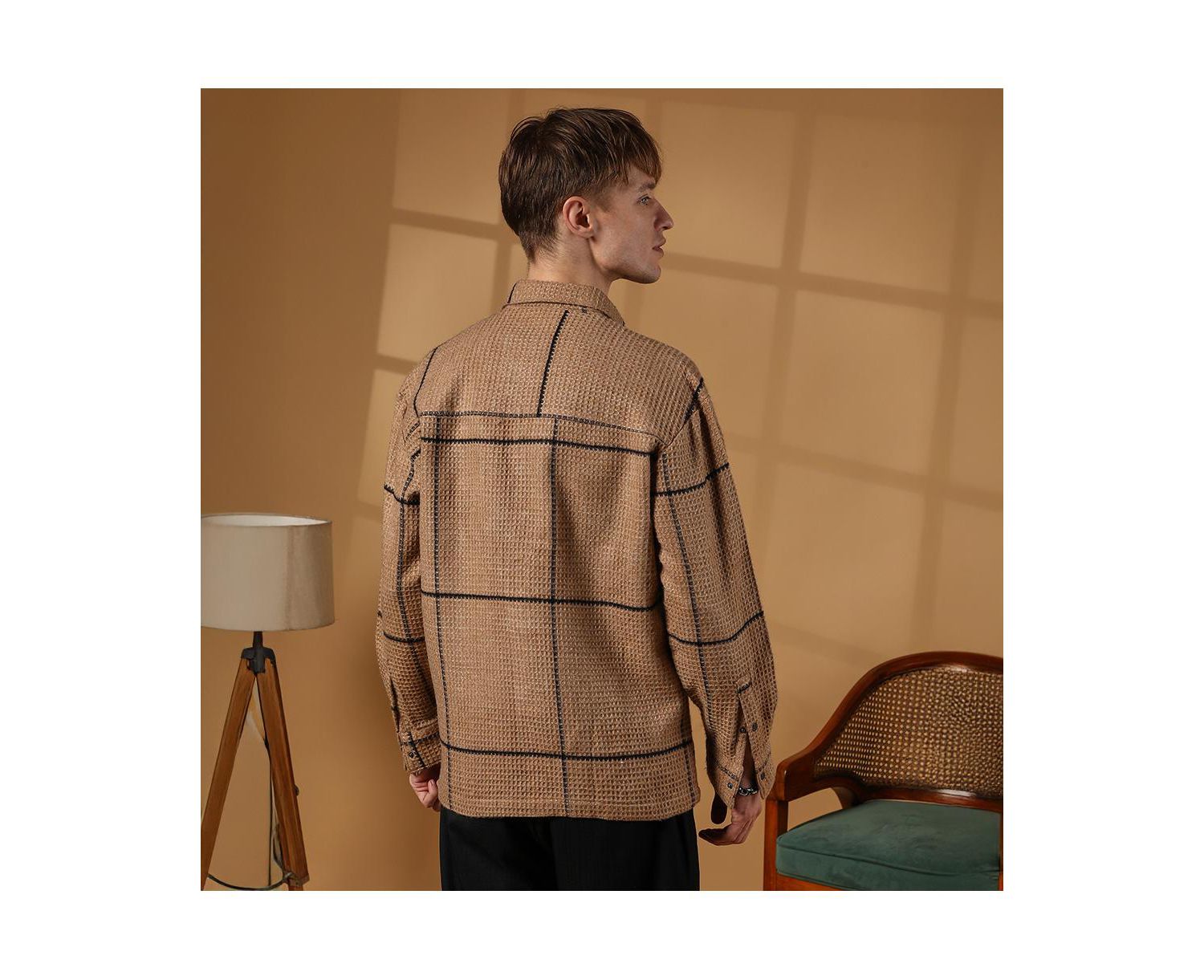 Men's Ash Brown Graph-Check Waffle Overshirt