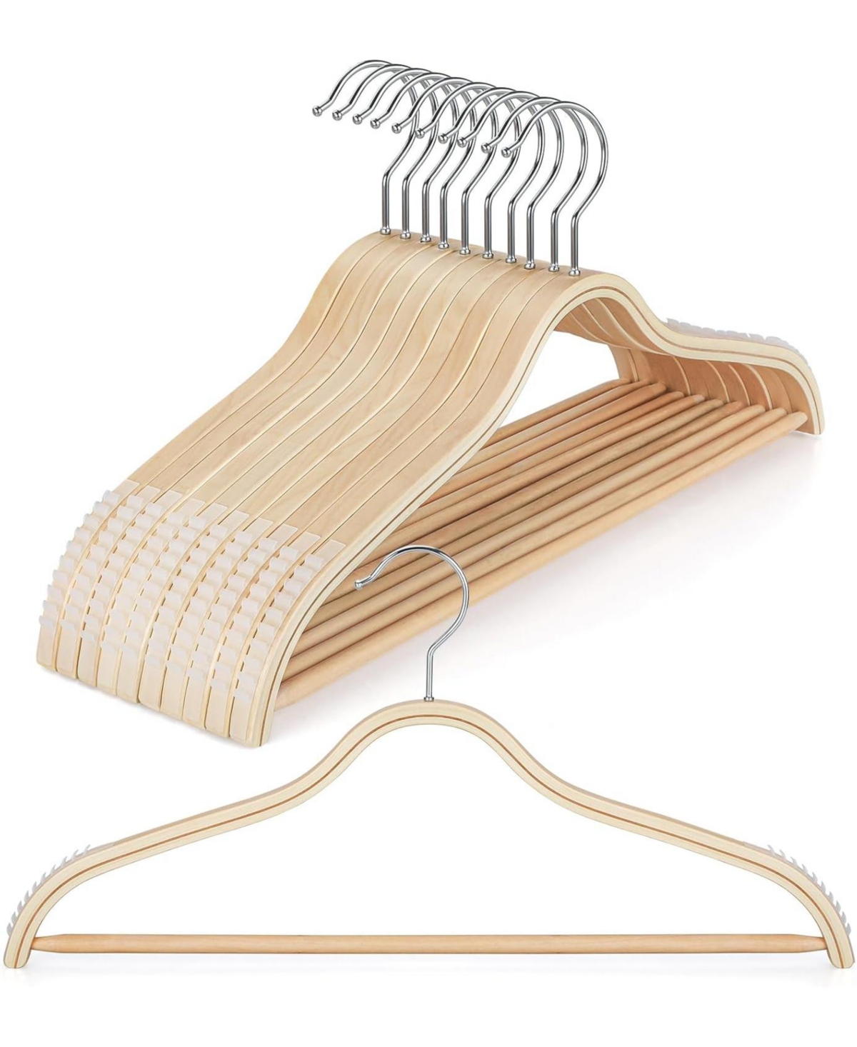 BP4U Lightweight Clothes Hangers with Pants Bar, Slim Birch Wood for Suits, Coats, Trousers, Shirts, Sweaters, Dresses