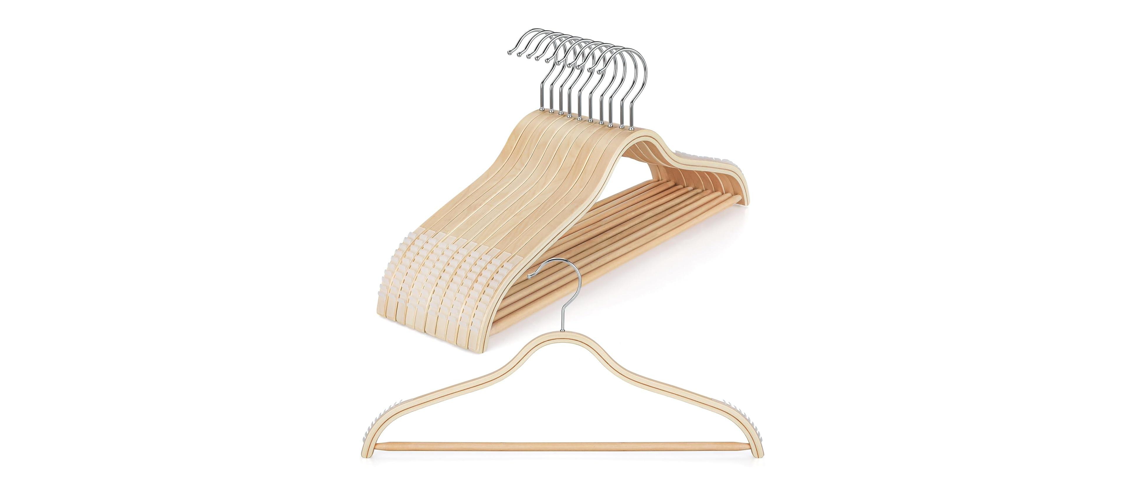 BP4U Lightweight Clothes Hangers with Pants Bar, Slim Birch Wood for Suits, Coats, Trousers, Shirts, Sweaters, Dresses