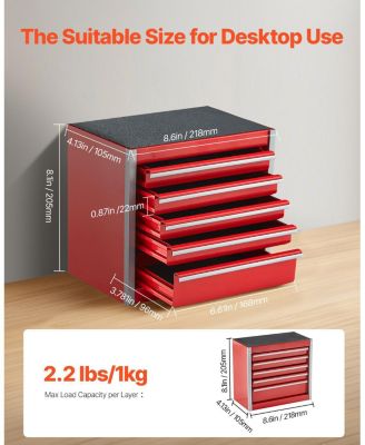 Metal Tool Box, 8.6", Portable 5-Drawer Tool Chest, EVA Liners, PP Feet, Ball-Bearing Slides, Powder-Coat