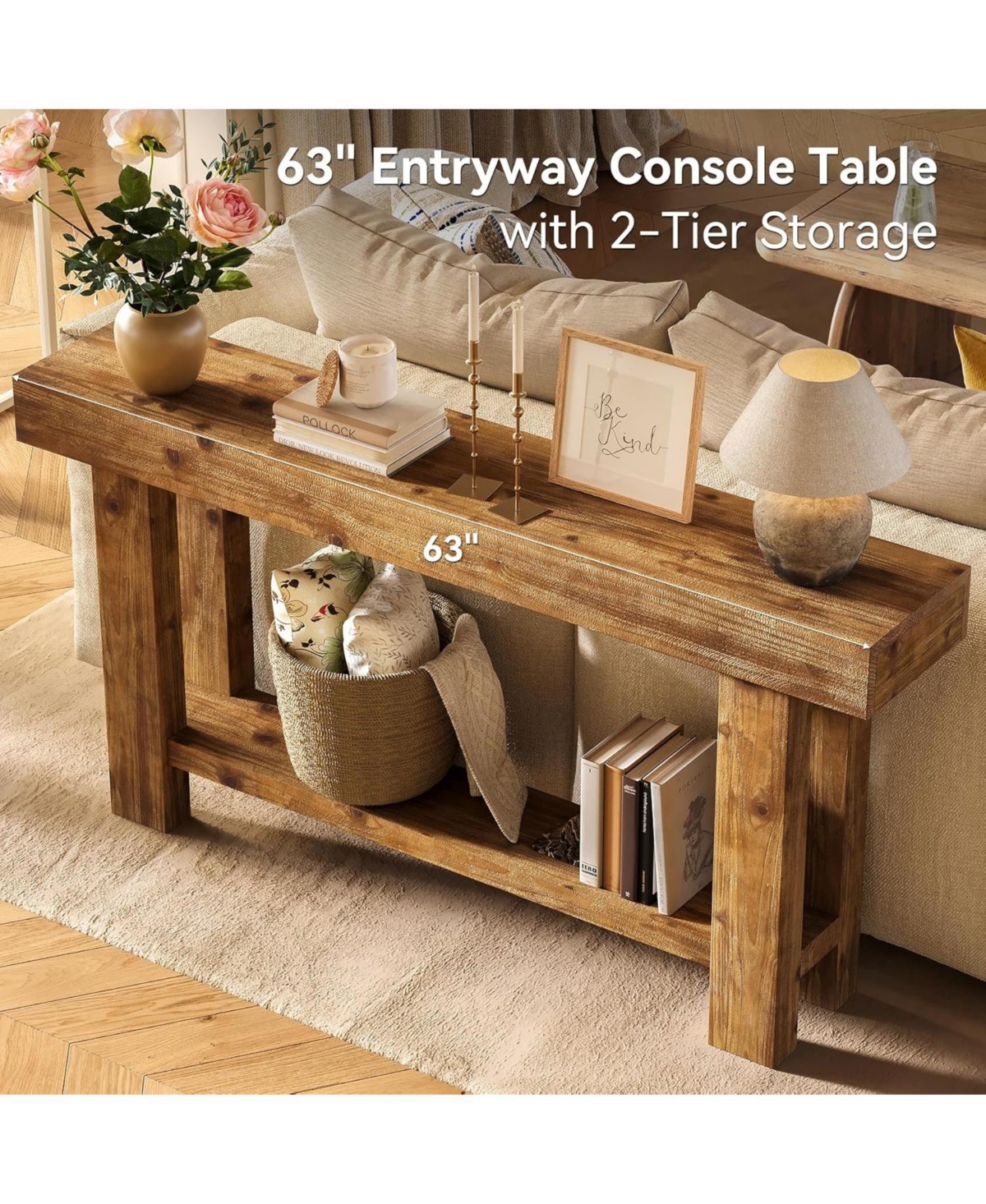 Tribesigns 63-Inch Solid Wood Long Console Table, Farmhouse Narrow Entryway Sofa Table with 2-Tier Storage, Rustic Brown