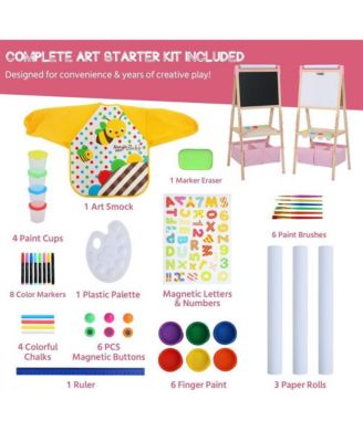3 in 1 Kids Art Easel Set, Dual-Sided Art Station w/Whiteboard & Chalkboard