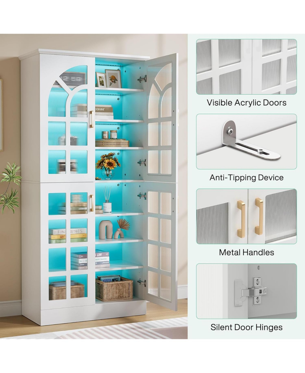 Tribesigns 8-Tier Bookshelf with Doors and Led Lights, 68.9" Tall Bookcase with Adjustable Shelves, Modern Wooden Display Cabinet, White