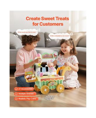 Ice Cream Cart for Kids, 27 PCS Accessories, Pretend Play Store with Storage Trolley with Pretend Money